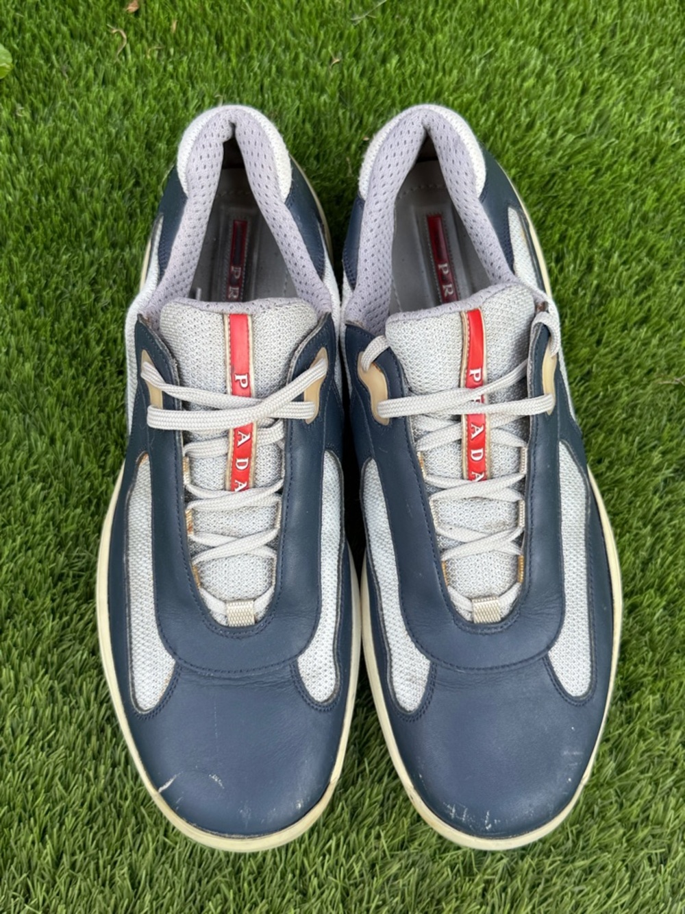 Prada Navy, Gray and Cream Men’s Leather Mesh Sneakers with Red Logo Stripe